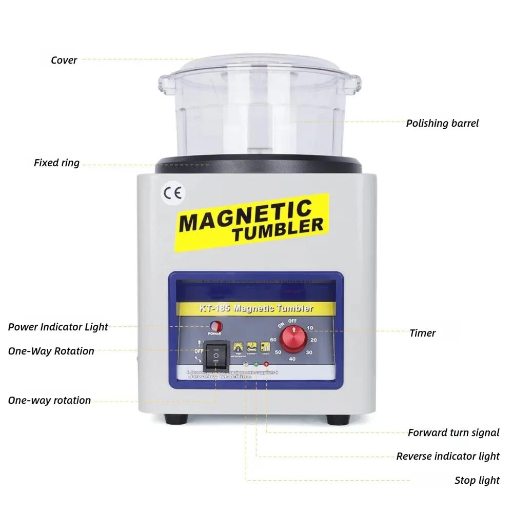 Professional JH-185 Magnetic Tumbler Jewelry Polisher - 60min Timer Magnetic Polishing Machine with 200g 0.3# Magnetic Pins for Gold Silver Jewelry Finishing