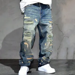 SRETOUU Men's Ripped Distressed Straight Fit Jeans Trousers Loose Fit Comfortable Streetwear Plain Solid Color Denim Pants Asia Size