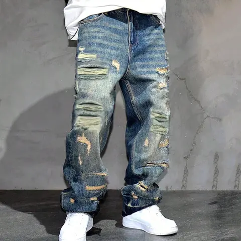 SRETOUU Men's Ripped Distressed Straight Fit Jeans Trousers Loose Fit Comfortable Streetwear Plain Solid Color Denim Pants Asia Size