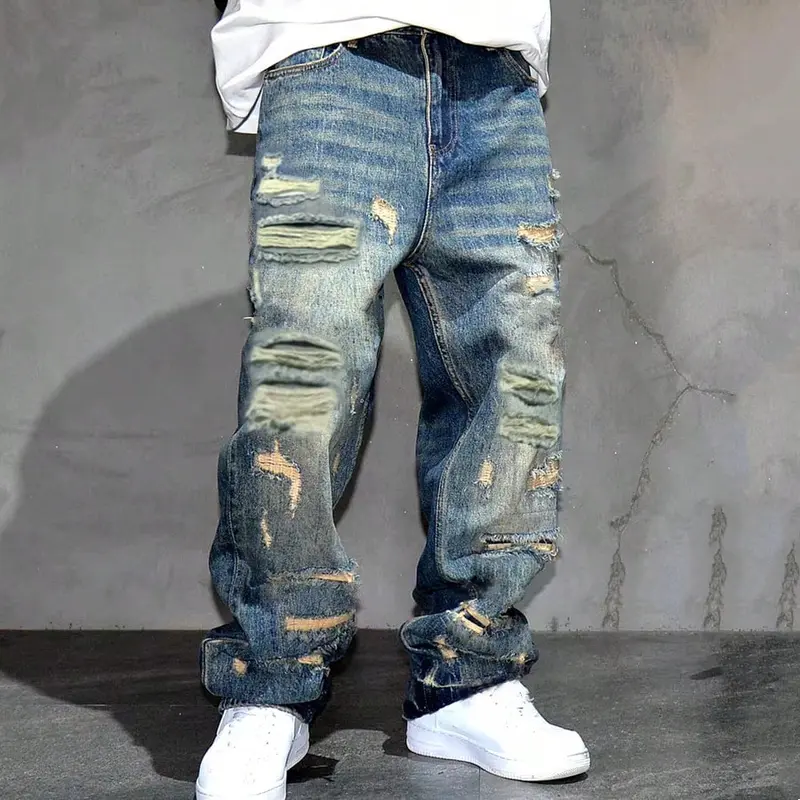 SRETOUU Men's Ripped Distressed Straight Fit Jeans Trousers Loose Fit Comfortable Streetwear Plain Solid Color Denim Pants Asia Size