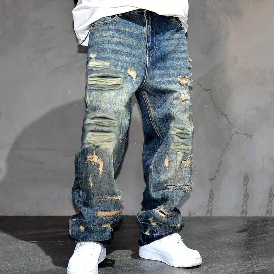 SRETOUU Men's Ripped Distressed Straight Fit Jeans Trousers Loose Fit Comfortable Streetwear Plain Solid Color Denim Pants Asia Size