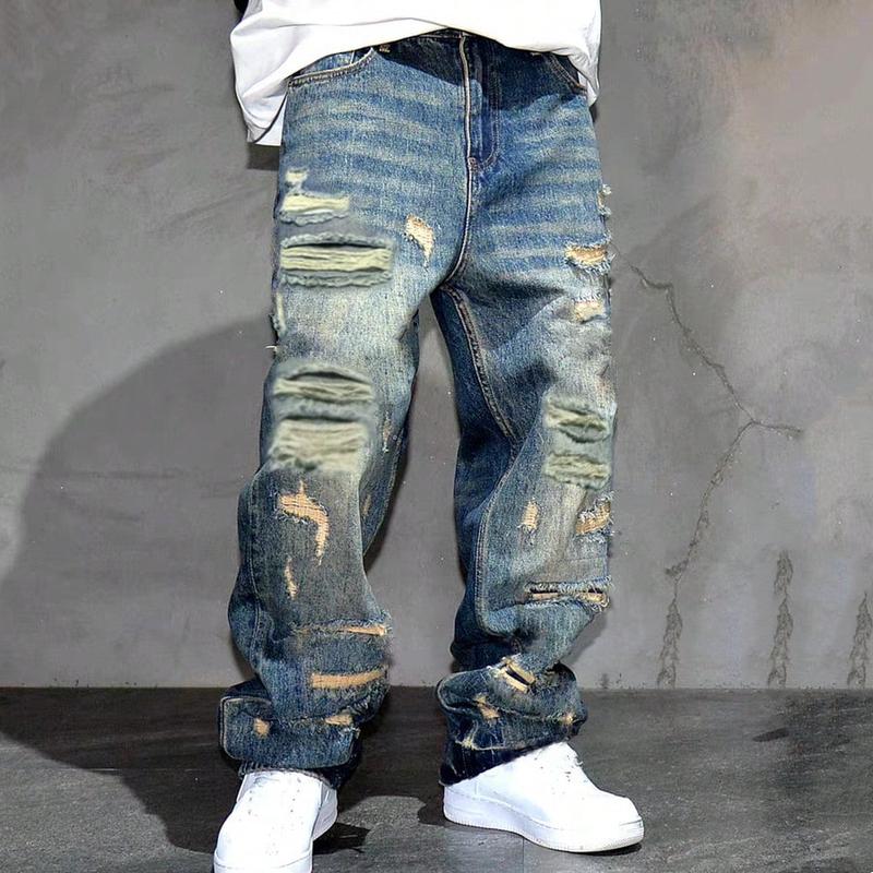 SRETOUU Men's Ripped Distressed Straight Fit Jeans Trousers Loose Fit Comfortable Streetwear Plain Solid Color Denim Pants Asia Size