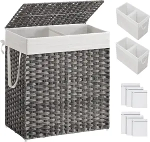 SONGMICS Laundry Hamper with Lid, 110L Clothes Hamper with 2 Removable Liner Bags, 6 Mesh Bags, Wicker Laundry Basket, Double Laundry Hamper for Bathroom