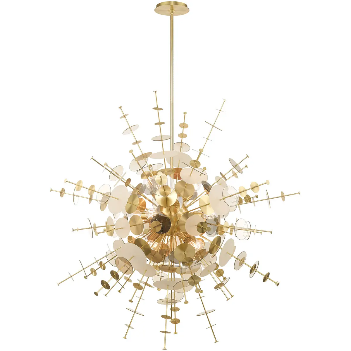 12 Light Satin Brass Grand Foyer Pendant Chandelier with Satin Brass Discs & Glass Discs Shade