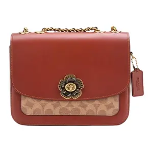 COACH Madison 24 Camellia Logo Turn-Lock Crossbody Bag for Women, Medium Size, Tan and Rust Leather