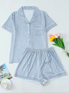 Women's Gingham Print Short Sleeve Pajama, Casual Comfy Pocket Lapel Shirt & Elastic Waist Shorts PJ Set, Ladies Sleepwear for All Seasons, Loungewear