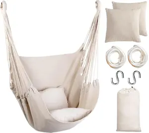Hammock Chair Hanging Rope Swing Chair, Max 300 Lbs, 2 Seat Cushions Included,  Two S-hook, Hammock Seats for Indoor or outdoor, christmas gift (Beige)