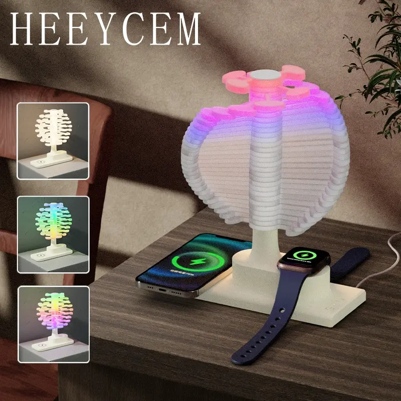 1 wireless charging night light spiral tree wireless charging table lamp, LED color light, touch control, rechargeable for mobile phones and watches, can be used as desktop decoration, holiday decoration, suitable for home, travel, gifts