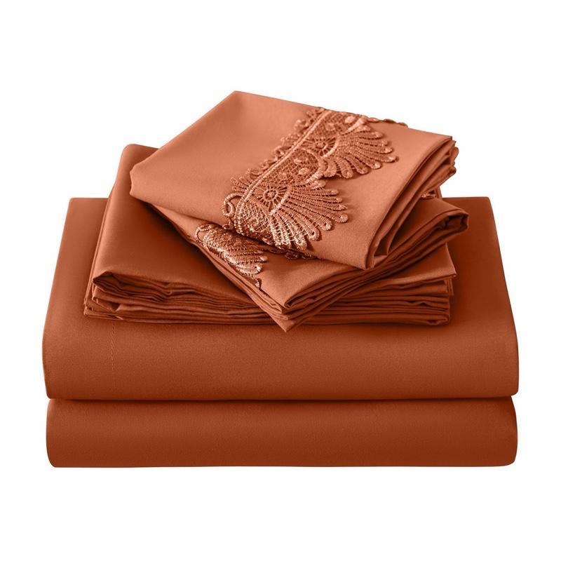 Luxurious Orange Bed Sheet Set with Elegant Lace Detailing for a Comfortable Sleep Experience. King size