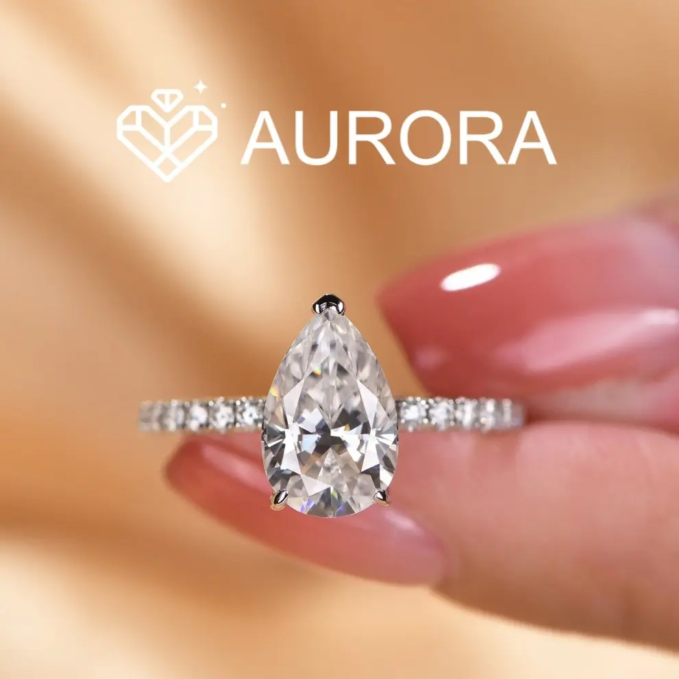 925 Sterling Silver Pear Cut Ring, #60 Ocean Style Full Moissanite Main & Side Stones, Classic Artificial Gemstone Ring, Diamond Alternative Jewelry