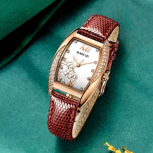 MIGE Women's Quartz Watch | Red Leather Strap, Floral Dial with Crystal Accents, Rose Gold Case | Elegant Timepiece for Ladies fully automatic waterproof quartz watch