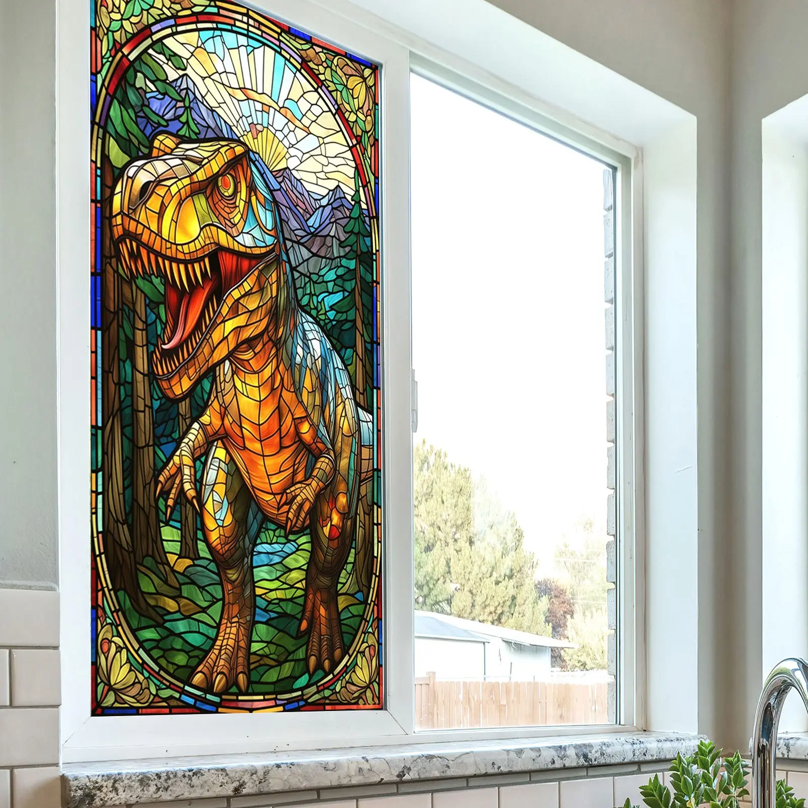 A large-size (45*100cm) colorful dinosaur European-style decorative electrostatic sticker, adhesive-free, suitable for decorating and beautifying window glass