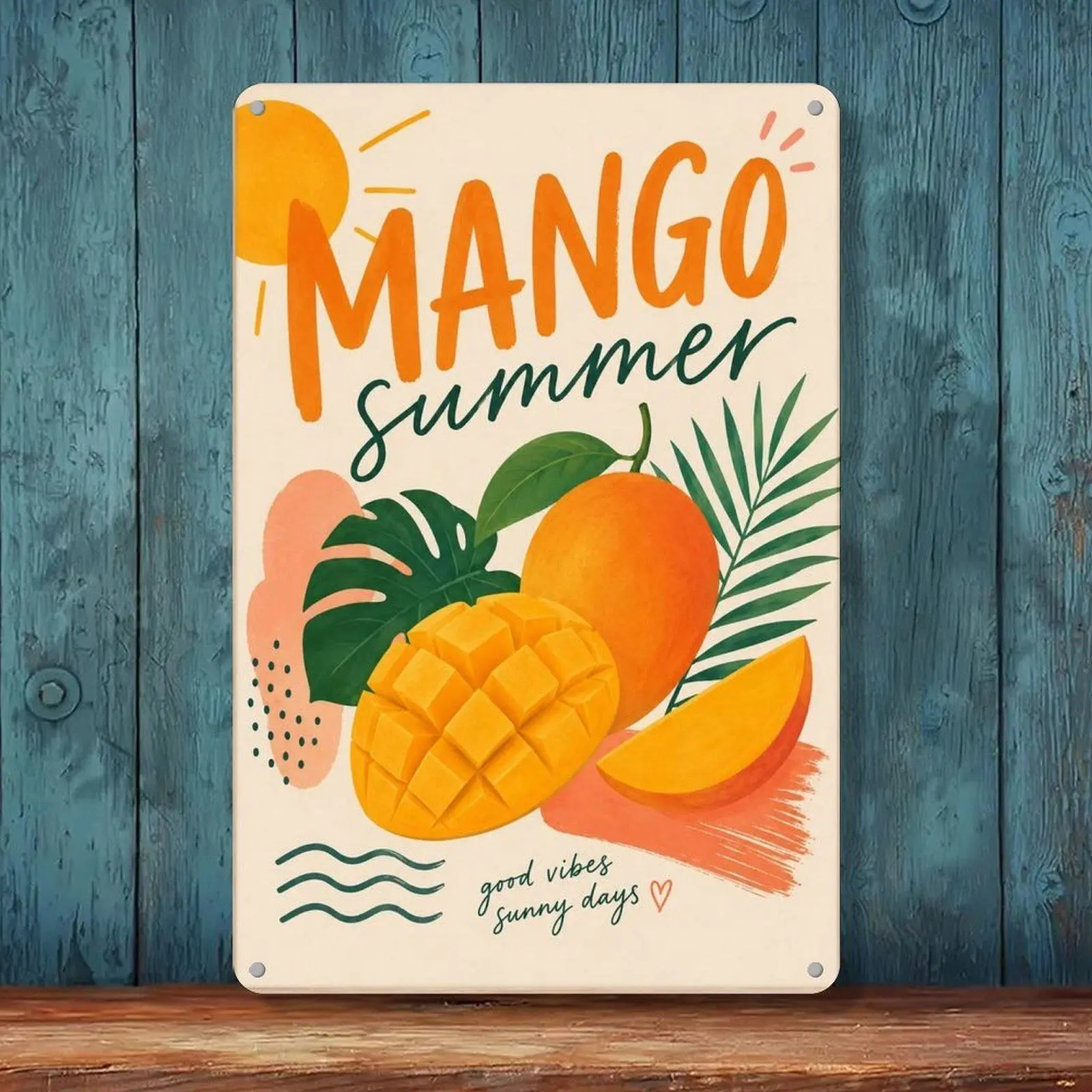 Tropical Mango Summer Good Vibes Sunny Days Fruit Retro Art Tin Sign 8x12in Kitchen Dining Room Wall Decor Metal Tin Sign