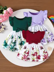 Three-Piece Baby Girl Casual Dresses, Cute Bow Colorful Floral Pattern, Comfortable Fashion Dress for Home, Outdoors, Party, Gift