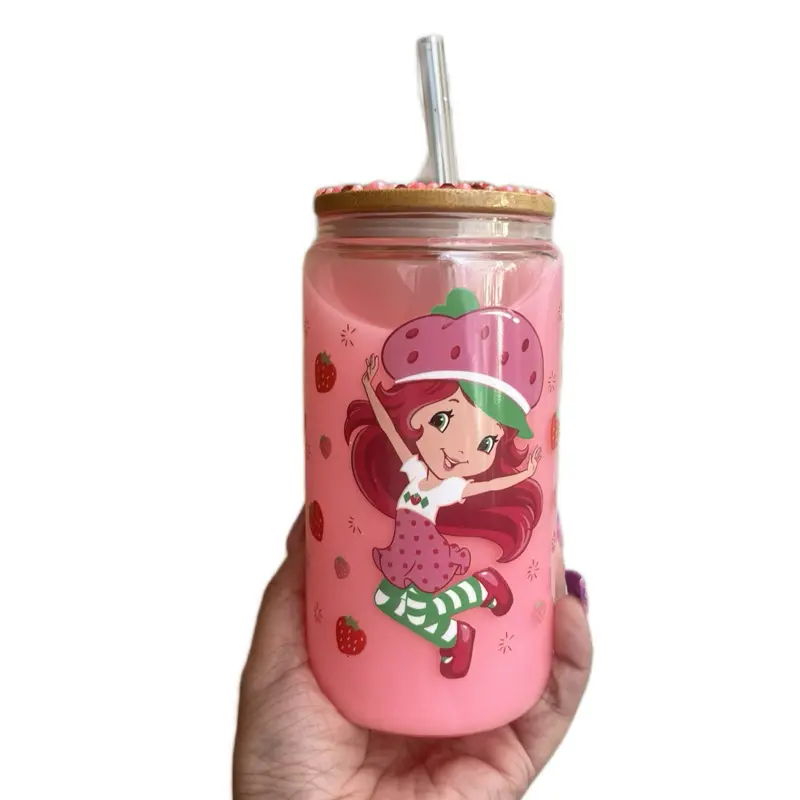 Strawberry Shortcake Snow Globe Cup - Pink Design with Straw, Fun Character Illustration, Ideal for Drinking and Displaying - Bottle, Drinkware Tumblers