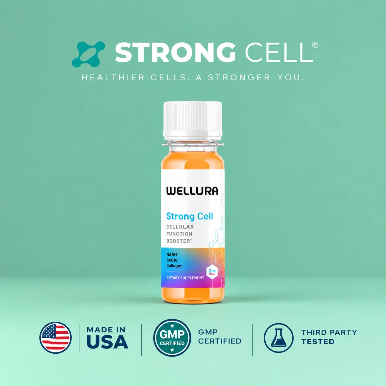 Strong Cell Liquid 30-Day Supply - NADH + CoQ10 Supplement, Marine Collagen, B Vitamins, Daily Energy & Focus Support, 30-Day Supply