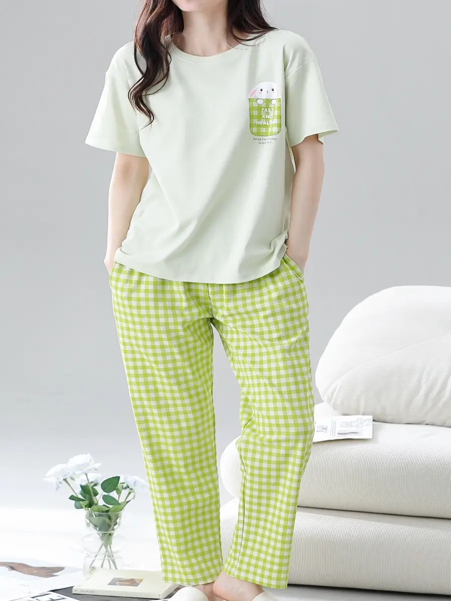 Cotton Women Pajama Set 2 Pcs Short Sleeve Pullover Top Sleepwear Long PJ Pants