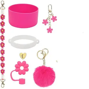 Stanley Cup Accessories Set of 6 Multi-Color Aesthetic Drinkware, Includes Straw Hat, Silicone Boots, Flower Shape Grass Cover, Valentine's Gift