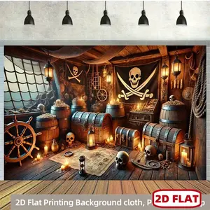 1pc 2D Flat Pirate Ship Cabin Polyester Photography Backdrop, Feet Birthday Banner Flag for Cake Table Photo Booth Decorations and Portrait Shoots, Outdoor Celebrations, Multi-Use, No Power Required