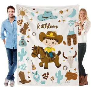 Cowboy Boots Hats Wild West Personalized Baby Blanket,Custom Name for Girls Boys Super Soft Flannel Blanket Baby Shower 30x40Inch