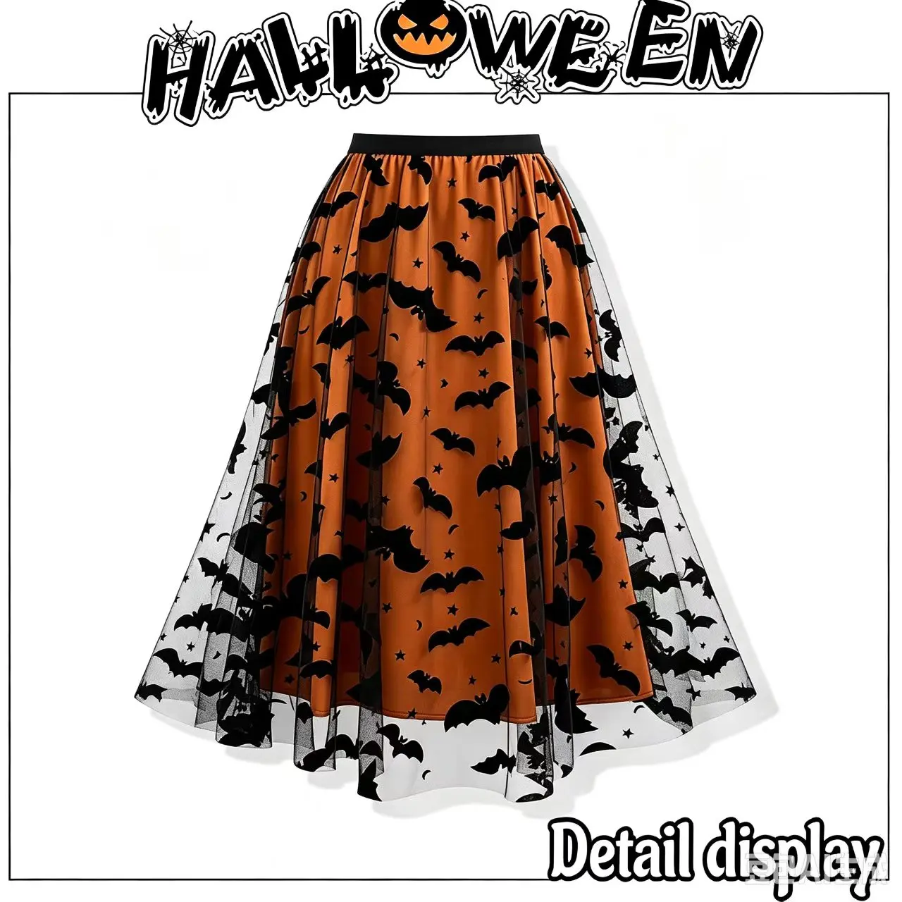 VIE Women's Polyester Halloween Bat Print High-Waist Elastic A-Line Pleated Tulle Midi Mesh Skirt, Bottom Wear for Party Costumes