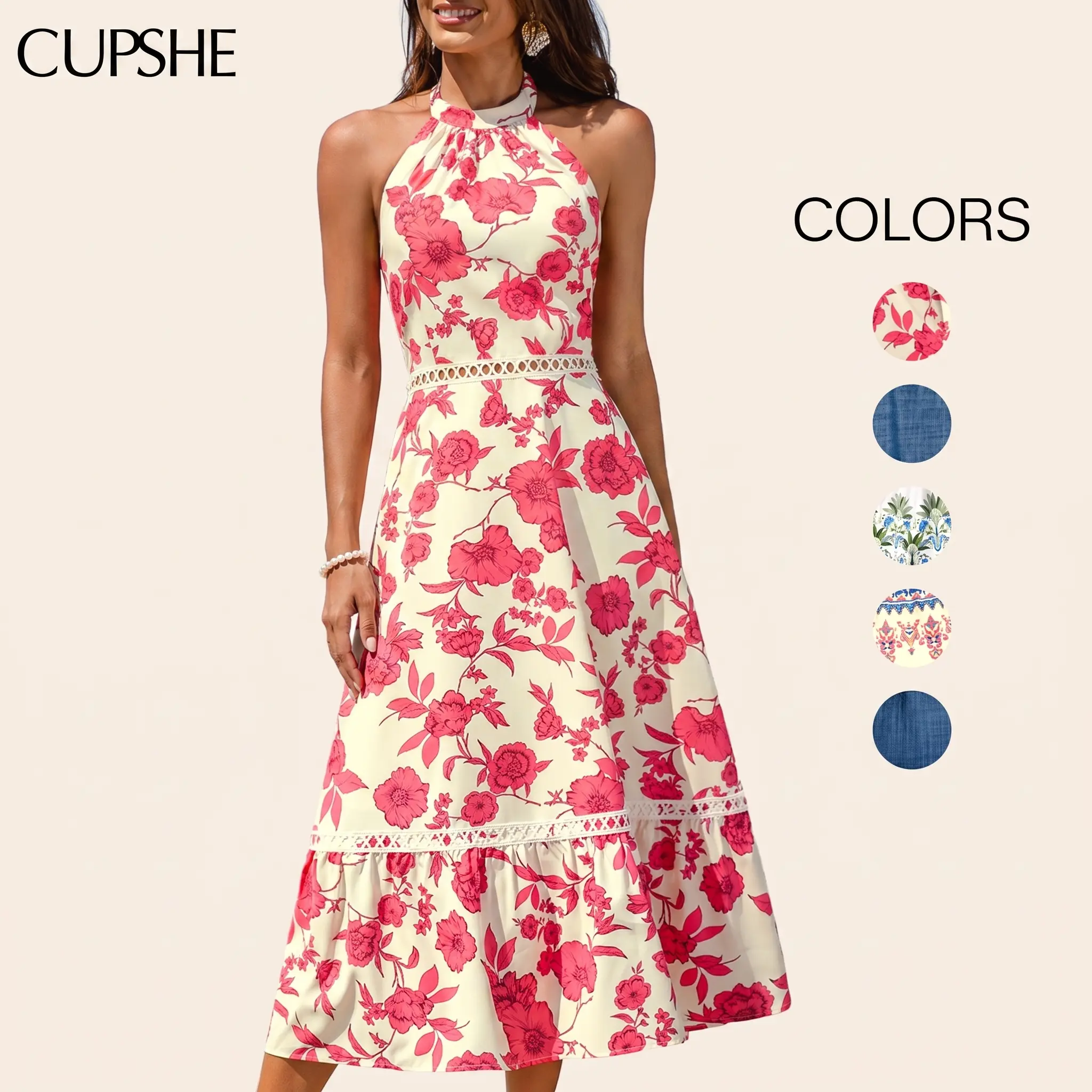 CUPSHE Women's Dress V Neck Sleeveless A Line Dress, Flattering Ruched Waist Dress, Lightweight Summer Vacation Dress for Beach, Resort Casual Wear
