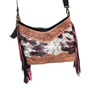 Saloon Girl-Hand Tooled Leather & Cow Hide Crossbody Bag with Fringe-Unique Design