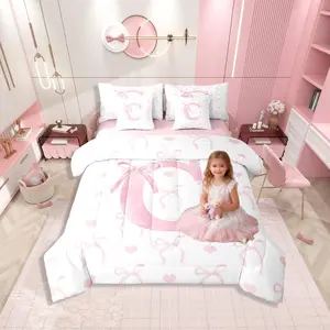 Cartoon Pink Bow Comforter Bed Set with Sheets,Dreamy Princess Girly Bed Bag,Kawaii Monogram Butterfly Knot 7 Pcs Bedding Set,Lovely Love Heart Bed Set