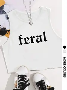 Women's Letter Print Round Neck Tank Top, Casual Sleeveless Crop Top for Summer, Ladies Clothes for Daily Wear, Sleeveless Tank Tops, Socks