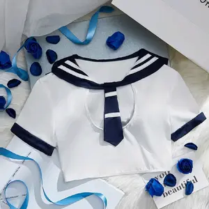 Sailor Collar Color Block Tie Front Costume Top