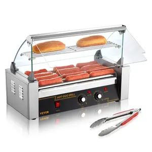 fathersdaygift  VEVOR Hot Dog Roller 5 Rollers 12 Hot Dogs Capacity, 750W Stainless Sausage Grill Cooker Machine with Dual Temp Control Glass Hood Acrylic Cover Bun Warmer Shelf Removable Oil Drip Tray ETL Certified