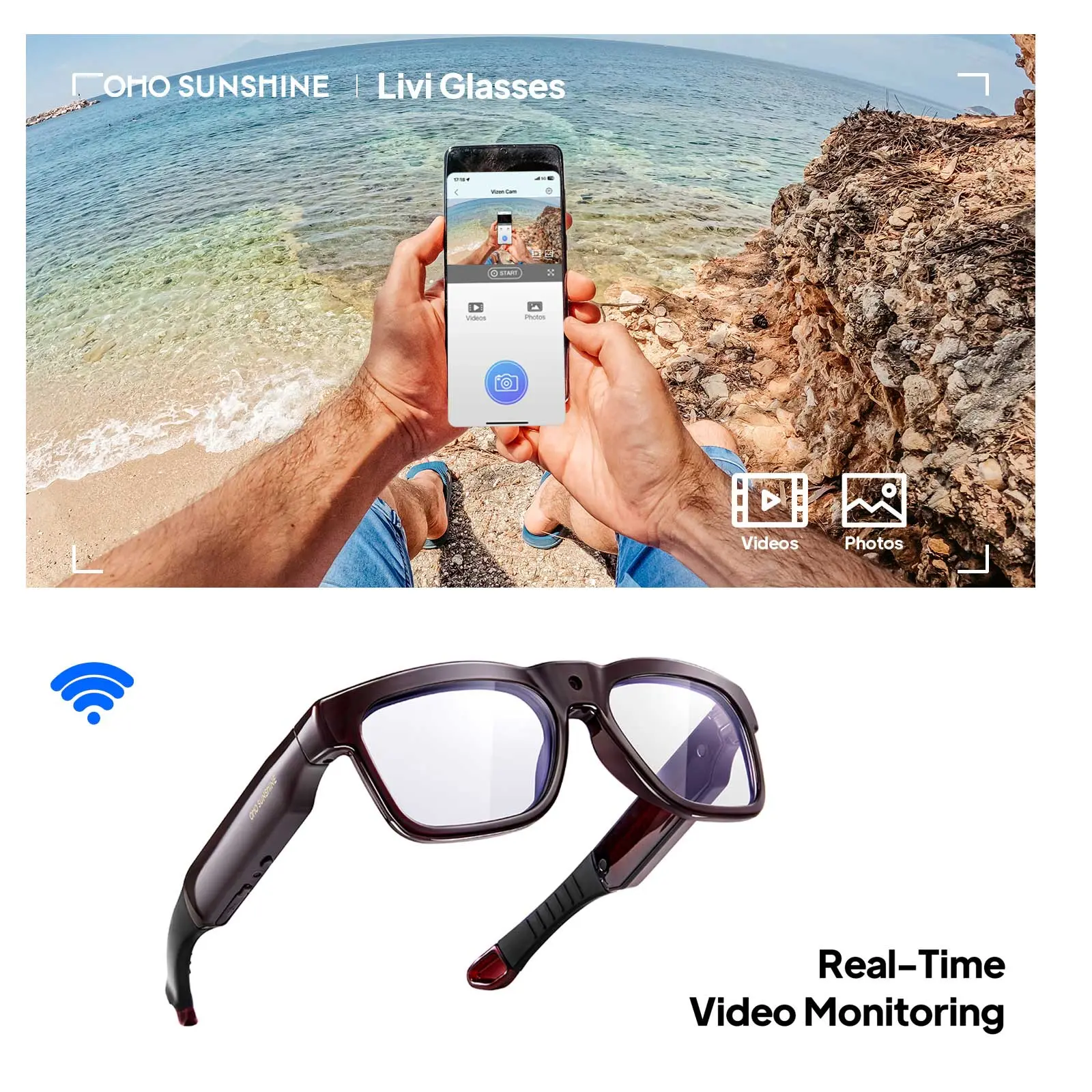 OhO Sunshine Livi Wearable Smart Glasses Camera - Unisex Adults Matte Black 128GB Wireless, Ultra Full HD Digital Camera, Blue Light Blocking Lenses, WiFi Streaming, Android-Compatible for Hiking, Cycling