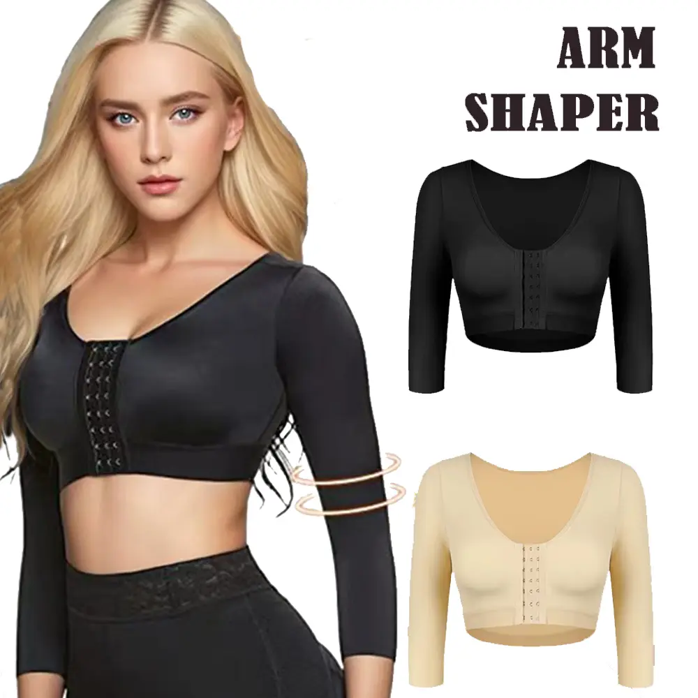 Women's Wireless Seamless Shapewear Arm Shaper - Post Surgery Long Sleeve Compression Top with Posture Improvement, Front Closure Push Up Bra for Body Slimming
