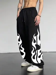 Unisex Casual Sports Pants with Flame Print, Loose Fit, Waist Belt, Slant Pockets, Suitable for All Seasons, Comfortable Kint Fabric, Athleisure Pants