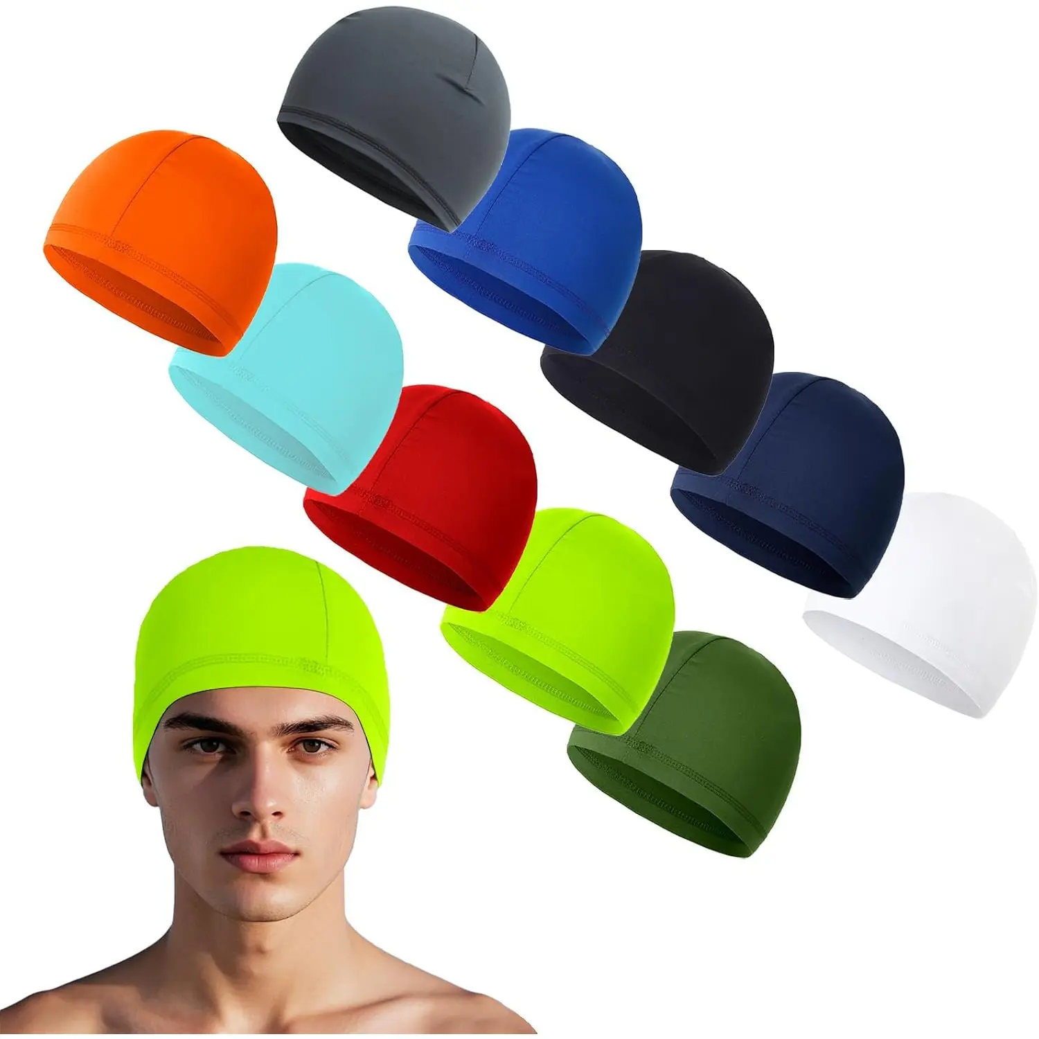 10-Pack Unisex Solid & Camo Skull Caps, Polyester Quick-Drying Stretch Synthetic Helmet Liners, Athletic Wear for Sports, 1 Size Fits Most