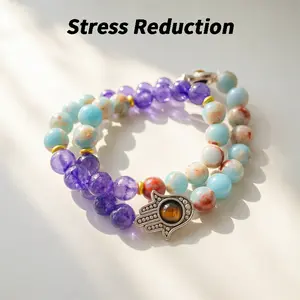 Father's Day Sale double layer Hamsa Hand Protection Bracelet, Natural Amethyst & Shoushan Stone Beaded Stretch Bracelet with Tiger's Eye Charm, Evil Eye Protection Spiritual Healing Jewelry for Women Men