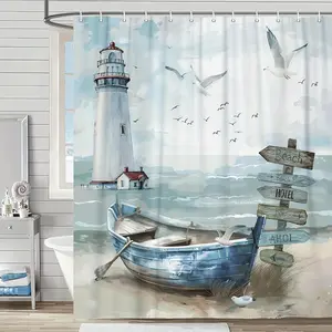 1PC of nautical coastal shower curtain with 12 hook shower curtains, bathroom home decor shower curtains, all season, Removable Shower Curtain