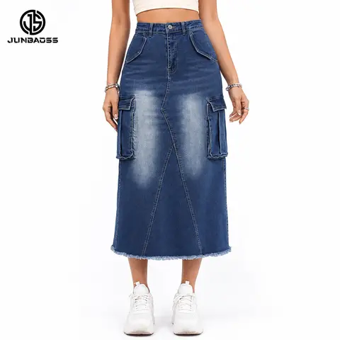 JUNBAOSS Women's Casual Stretch Mid Rise Long Denim Skirt Women Button Down Mid-Length Streetwear Denim A Line Skirt with Cargo Pocket
