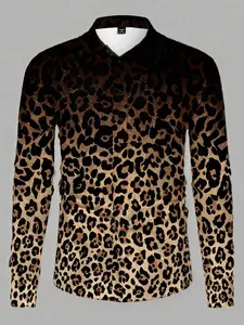 HIMLAND Men's Leopard Print Button Front Long Sleeve Casual Shirt, For Fall