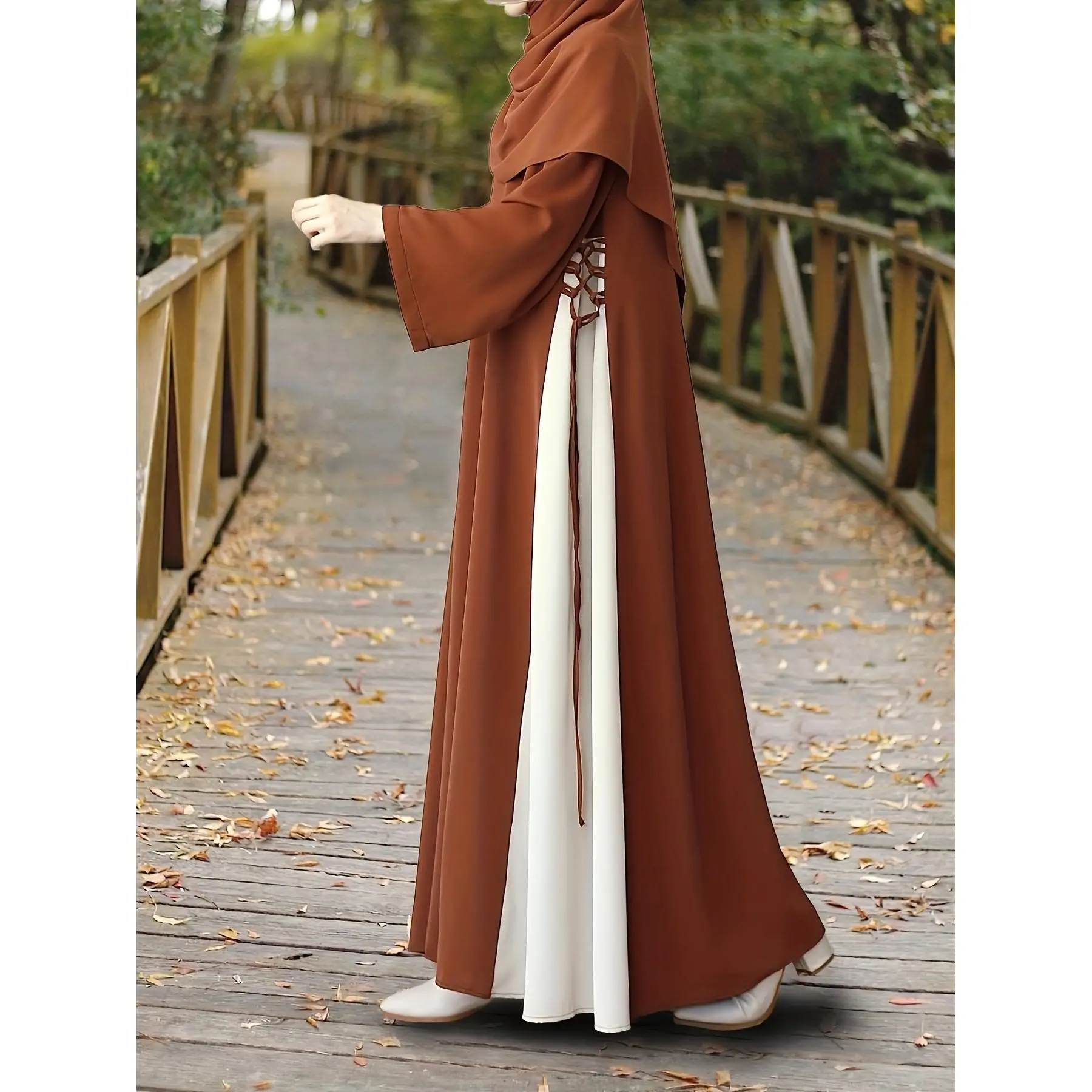 Women's Islamic Polyester Abaya Dress - Full-Length, Long-Sleeve, Loose A-Line, Colorblock Black & White with Orange Accents, Adjustable Side Drawstring, All-Seasons Modest Apparel for Prayer & Casual Use (No Headscarf Included)