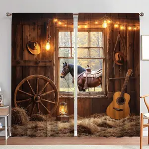 Horse & Guitar Pattern Barn Door Design Door Curtain, 1 Set Western Country Style Door Curtain, Home Decor for Living Room Bedroom, Room Divider Curtain