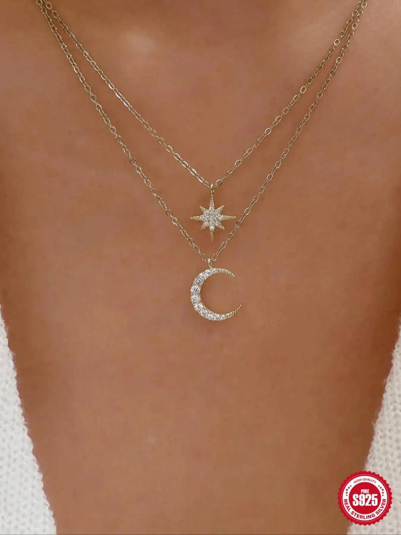 925 Sterling Silver Moon & Star Design Pendant Necklace, Double Layer Artificial Zircon Decor Necklace, Fashion Jewelry Accessories for Women & Girls