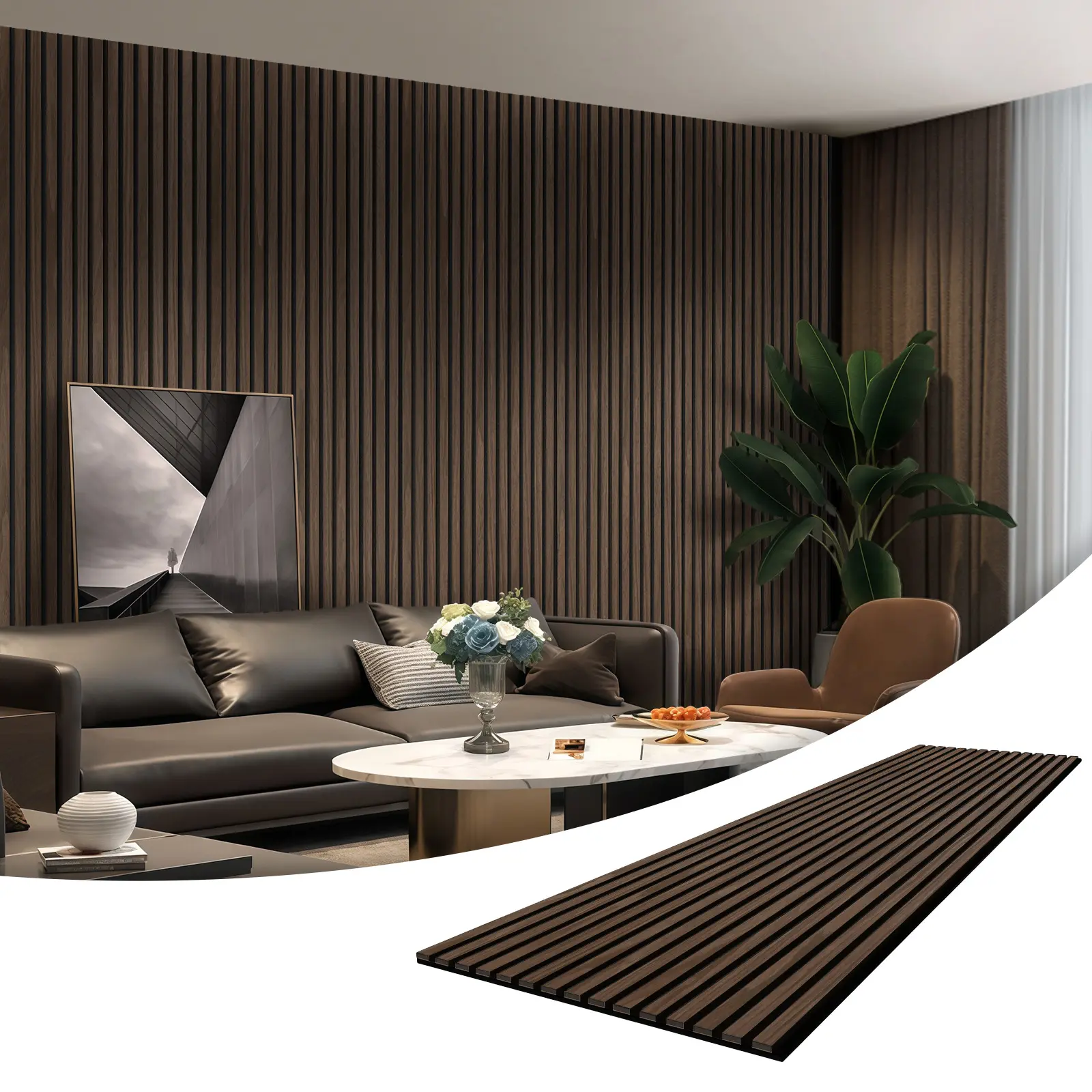 THSTAR Self-Adhesive Black Walnut Engineered Wood Veneer Fluted Acoustic Slat Panels, 23.6"x47.2"x0.39" 4-Pack for Interior Decor, Home Improvement 3D Wall Trim