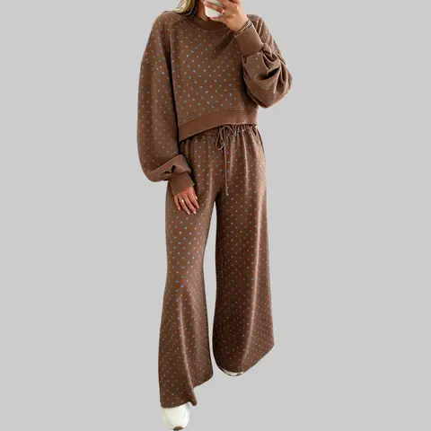 S-4X Women's 2-Piece Polka Dot Pajama Set - Ladies Loungewear, Long Sleeve Crew Neck Crop Top, Wide-Leg Drawstring Pants, Loose Above-The-Knee Everyday Wear, Matching 2 Piece Sets for Women, 2 Piece Sets Women