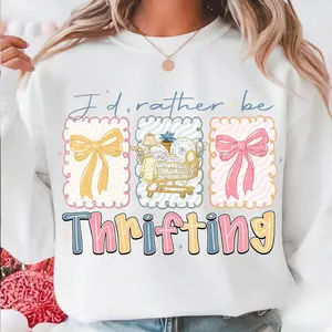 I’d Rather Be Thrifting Sweatshirt – Cute Bow And Vintage Cart Graphic Print , Cozy Crewneck Pullover , Unisex Casual Everyday Wear , Thrift Lover Style , Gift For Her