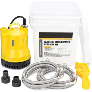 Tankless Water Heater Flush Kit Includes 1/4HP Sump Pump with Two Adapters & 3 Gallons Pail with Bucket Lid Opener & Two 1/2" Dia X 6' Hoses with Washers