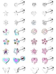 16 Pairs Hypoallergenic Girls Earrings for Women Kids 316L Stainless Steel CZ Pearl Ball Heart Flower Screw Back Flat Back Stud Earrings Jewelry Gift Women Multicolored Pink