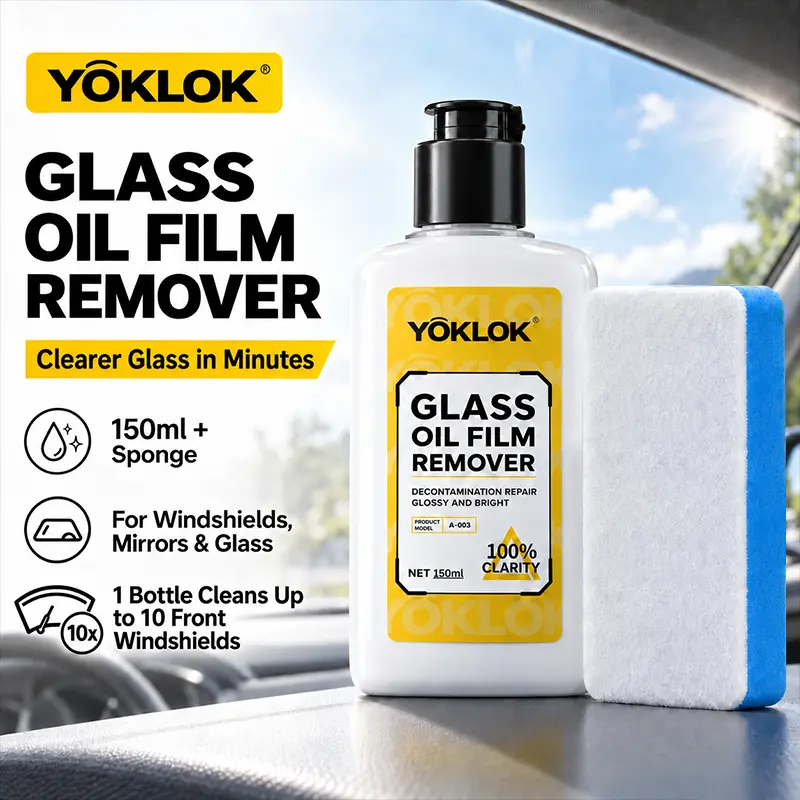 YOKLOK GLASS OIL FILM REMOVER, Car Windshield Cleaner for Removing Oil Film, Water Marks & Stubborn Stains, Restore Clear Vision Fast, Auto Glass Cleaning Kit with Applicator Sponge, For Windshield, Side Window, Mirror & Household Glass