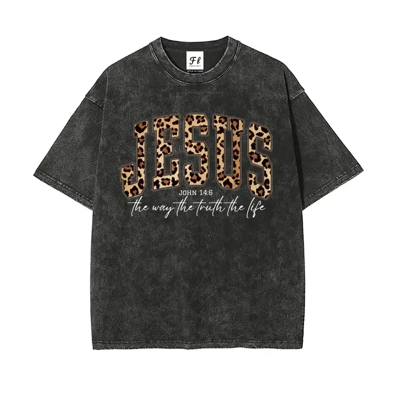 Leopard Print Jesus Tee | Vintage Oversized Faith Aesthetic Shirt,Jesus The Way The Truth The Life | Retro Leopard Print Christian Oversized Top