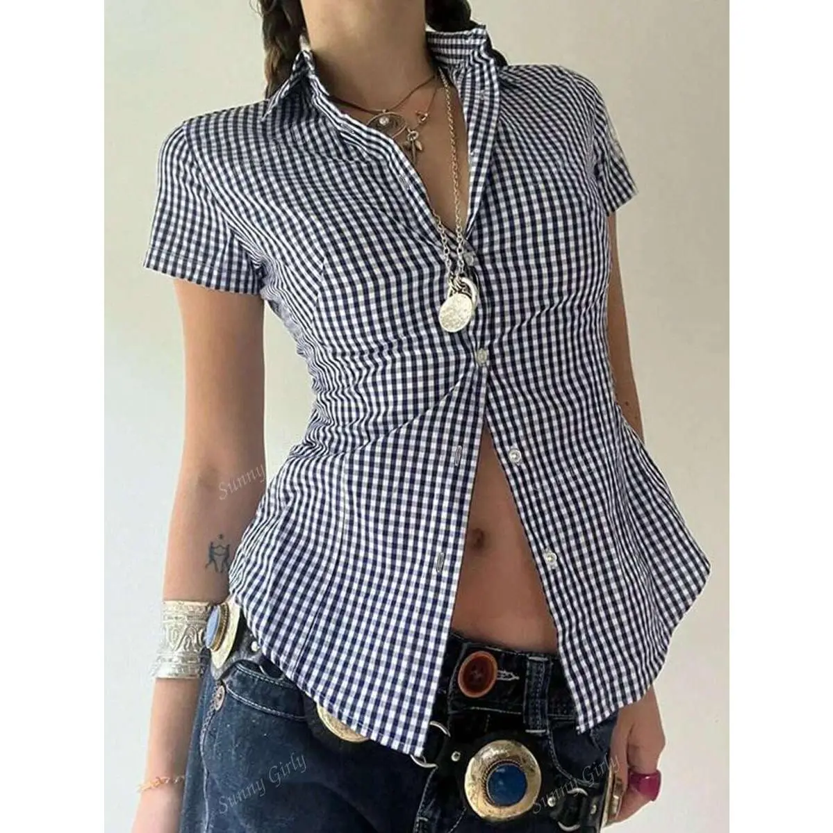 Sunny Girly Fall Women Outfits Y2K Back To School Containing Cotton Slim Lapel Short-Sleeved Button Design Blue Checkered University Shirt Top